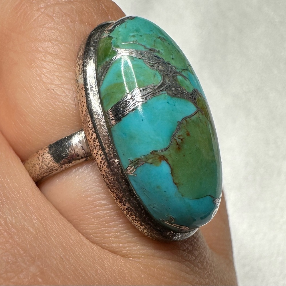Large Oval Genuine Turquoise Cabochon ring in Sterling Silver 925 size 9